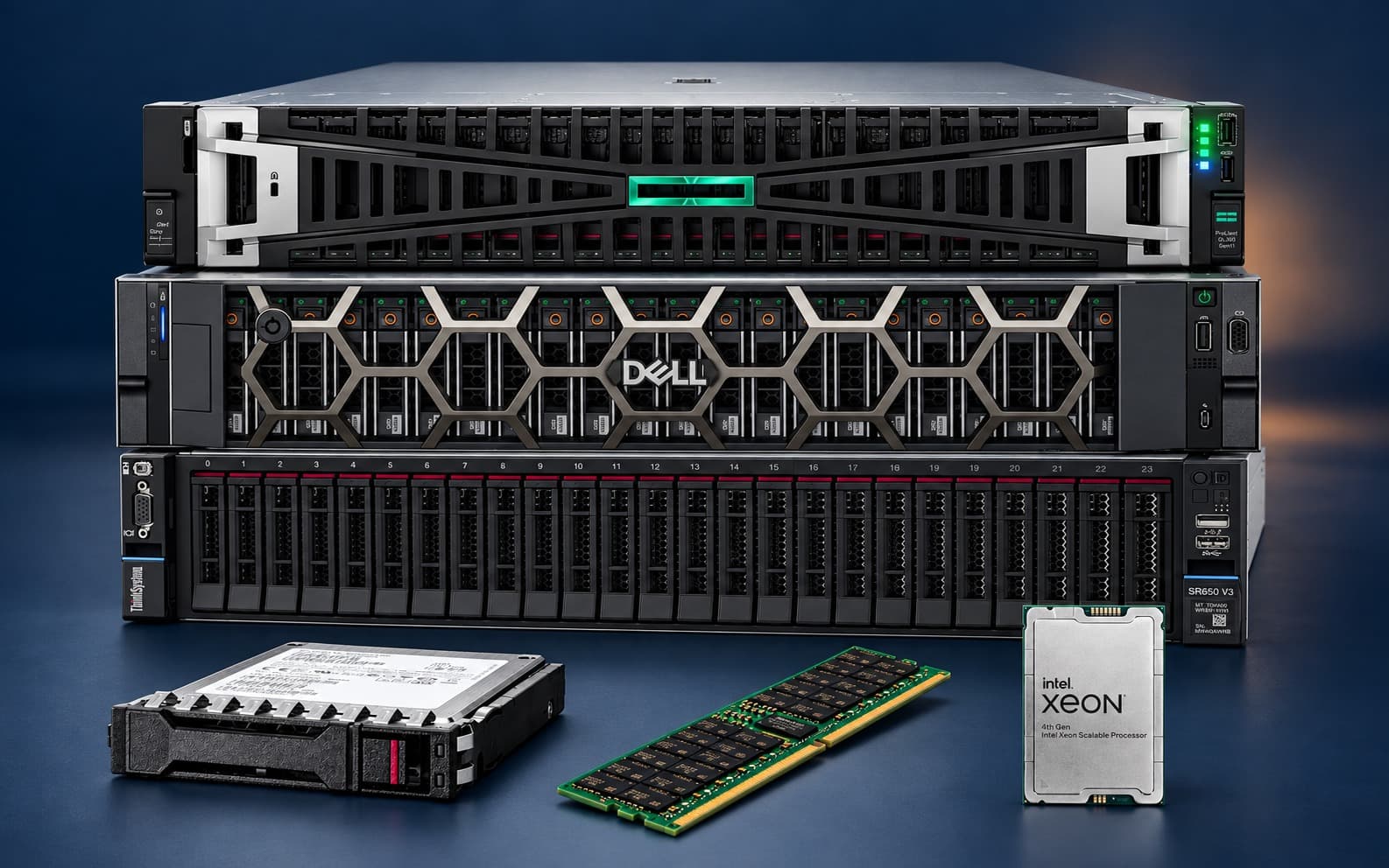 HPE ProLiant, Dell PowerEdge ve Lenovo ThinkSystem rack sunucuları; önlerinde disk, bellek ve işlemci bileşenleri