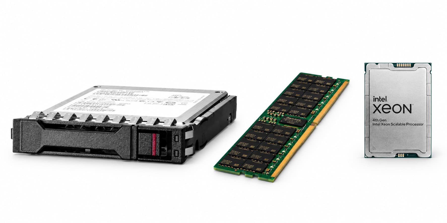 Sunucu diski, bellek modülü ve Intel Xeon işlemci — uyumlu sunucu parçaları
