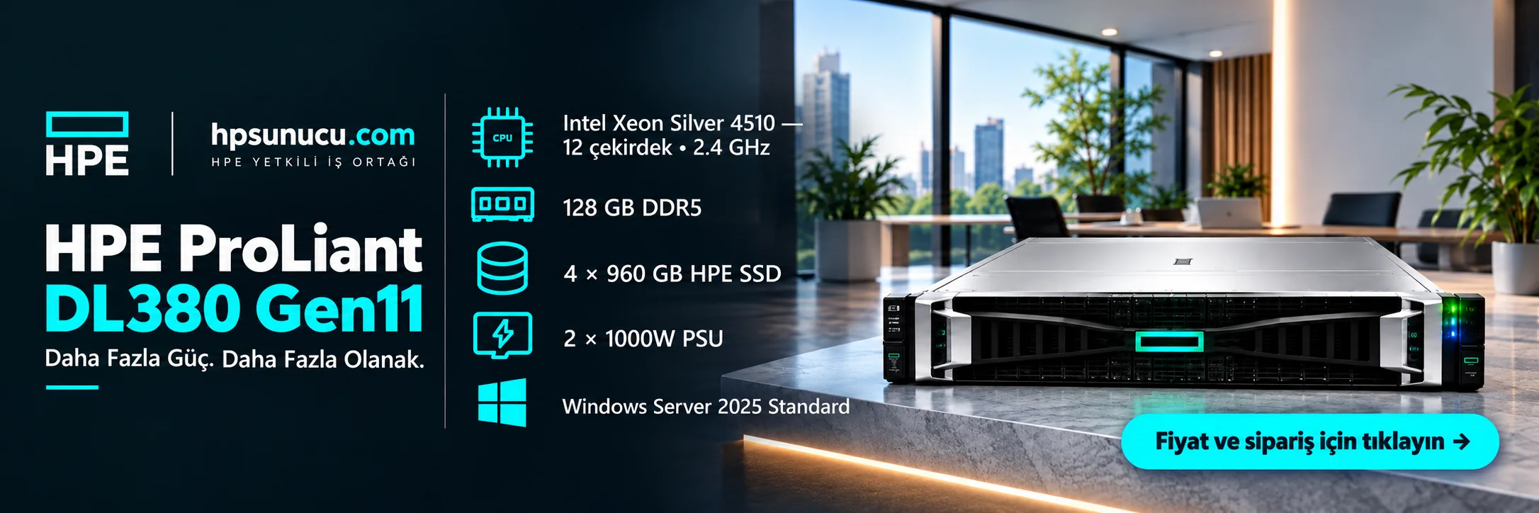 HPE ProLiant DL380 Gen11 sunucu: Intel Xeon Silver 4510 (12 çekirdek, 2.4 GHz), 128 GB DDR5, 4 × 960 GB HPE SSD, 2 × 1000W PSU, Windows Server 2025 Standard. Fiyat ve sipariş için hpsunucu.com
